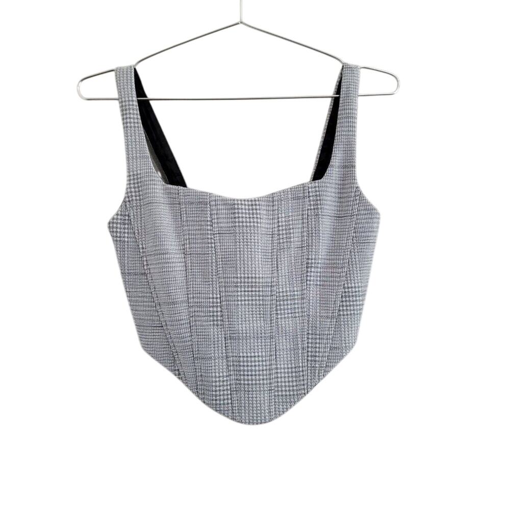 Women's Silver Micro Houndstooth Corset Crop Top Handkerchief XS